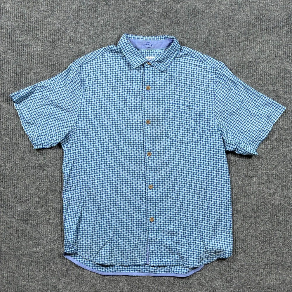 Tommy Bahama Mens L Blue Geometric‎ Button Front Shirt Short Sleeve 100% Silk